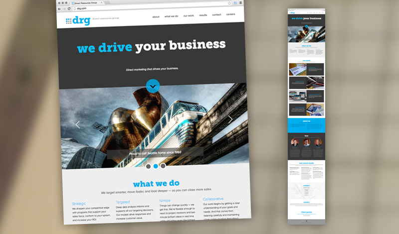 Screen captures of the one-page DRG marketing website